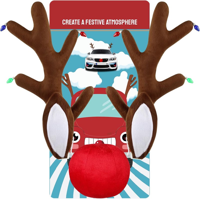 Narremcoy Christmas Car Reindeer Antlers with Ears and Nose - Festive Plush Antler Kit with Hanging Light - Universal Fit Rudolph Holiday Decoration for Car Window SUV Truck Xmas Gift - Image 1
